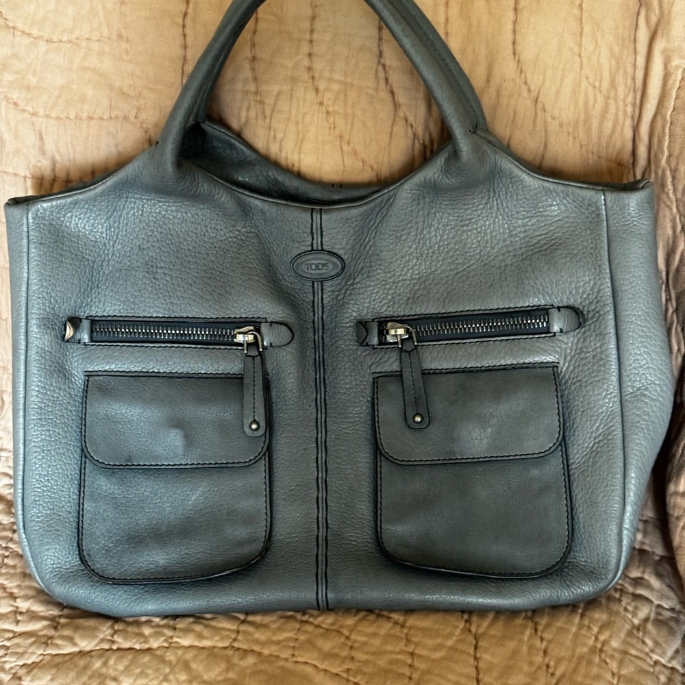 Tod's Italian Blue Grey Pebbled Leather Slouchy Hobo